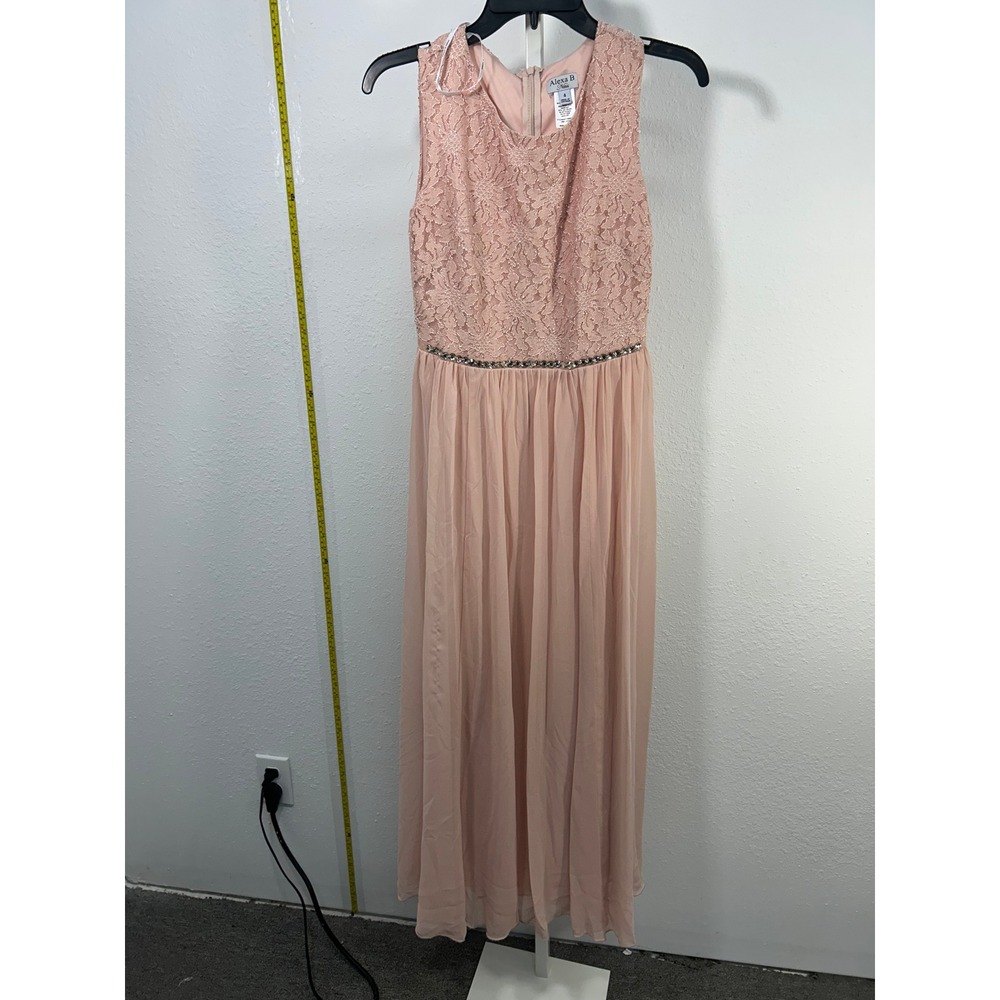 Alexa‎ B Nites Pink Lace Chiffon Maxi Dress Rhinestone Waist Formal Gown Size 4